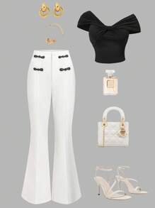 Elenzga Women's Elegant Commuter Casual Flared White Pants With Button Decor, Versatile European Style Suitable For Daily, Casual, Party, Commute And Other Occasions Fall Cloth For Women