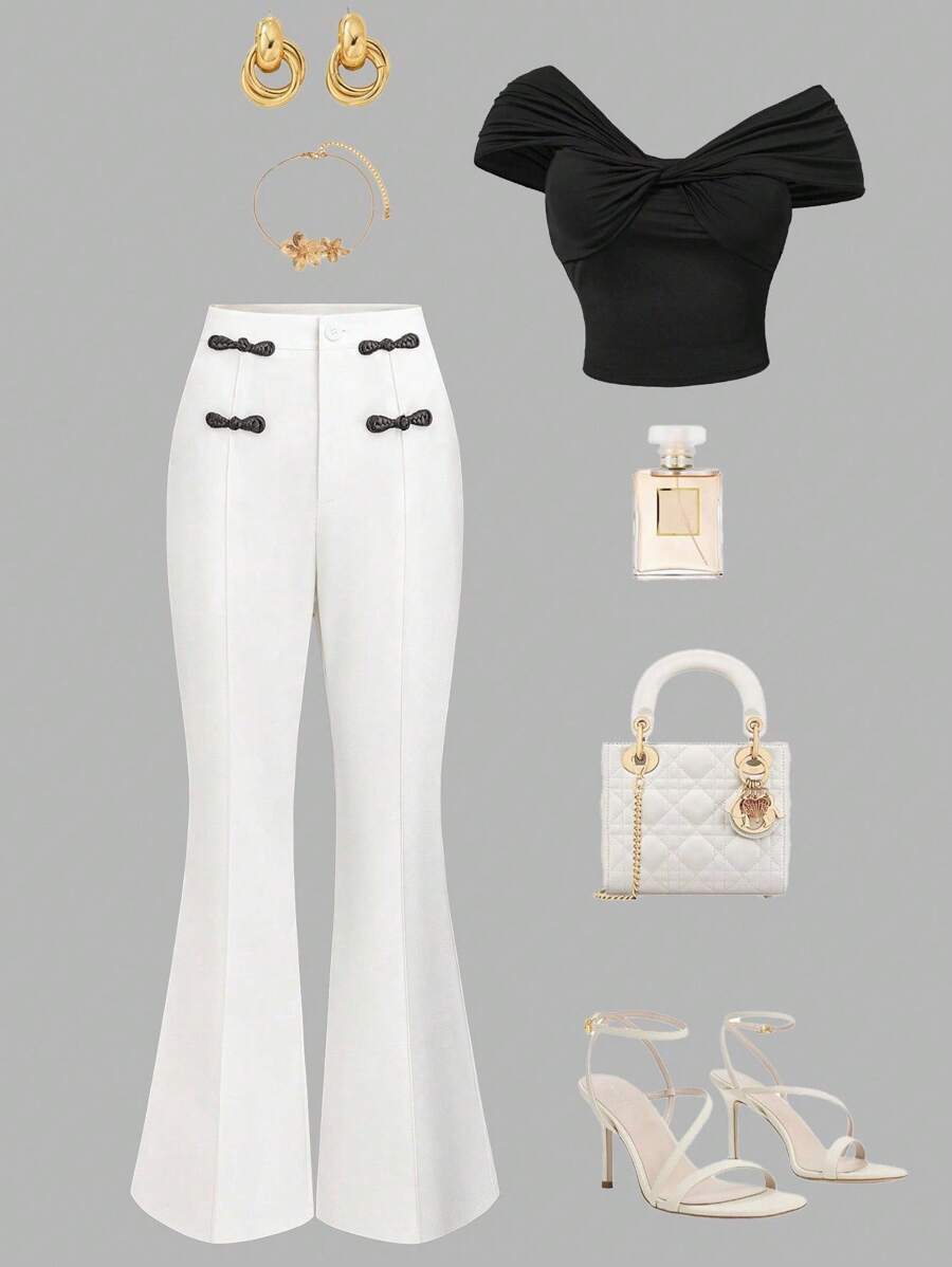 Elenzga Women's Elegant Commuter Casual Flared White Pants With Button Decor, Versatile European Style Suitable For Daily, Casual, Party, Commute And Other Occasions Fall Cloth For Women