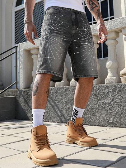 Street Life Pantalones cortos vaqueros de hombre con estampado floral de diamante, minimalistas y de moda para uso casual diario