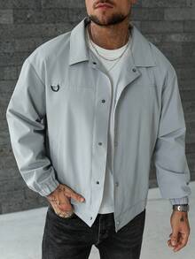 Manfinity Homme Men's Solid Color Long Sleeve Single-Breasted Lapel Casual Jacket Grey Jacket Men Summer Jacket Cropped Men Jacket Men Grey Jacket Lightweight Men Jacket , Fall