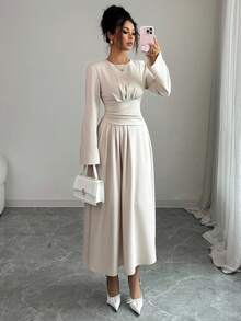 Siren Gaze 新款收腰长袖纯色圆领常规肩部中长连衣裙，女士秋季连衣裙，冬季优雅晚礼服 - 杏色 - 查看 4