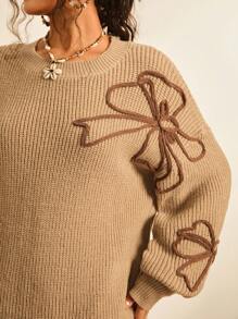 Freevana Plus Size Women Floral Embroidery Pattern Dropped Shoulder Loose Knit Sweater Dress, Casual Everyday Wear, Autumn/Winter Knit Dress Earth Tone Dress Autumn Dress Fall Clothes For Women Winter Clothes For Women Business Casual Woman Fall Clothes Plus Size Boho Rave Fairycore Office Autumn Festival Alt