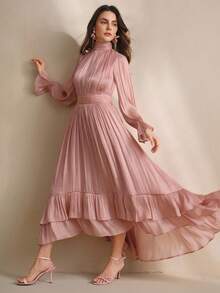 Anewsta 女式新款优雅高端永恒纯色复古喇叭袖不对称荷叶边下摆连衣裙 - 粉色 - 查看 3