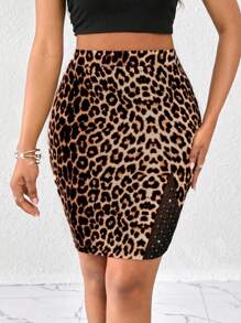 SHEIN Lady Women's Leopard Print Spliced Mesh Bright Diamond Knitted Skirt,Tan,Summer,Seksi Chic,Date Night Elegant Vacation Business Casual Office Work Skirt - Multicolor - View 8