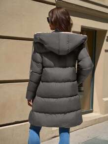 RueChic Two-Tone Hooded Pocket Zip Front Mid-Length Padded Coat - Grey - View 2