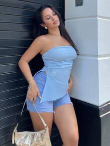 NegzBox Blusa ajustada con vuelo, escote tubo, textura azul, bajo asimétrico, abertura lateral, para vacaciones de la mujer - Azul - Ver 6