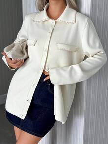 EURMUSE Cardigan de malha com bolso falso e gola polo feminino - Creme - Ver 1