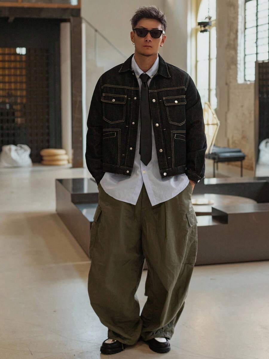 DAZY 男士短款街头风格黑色牛仔夹克，秋季 - 黑色 - 查看 1