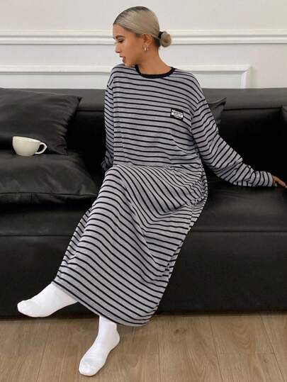 DAZY Locker geschnittenes gestreiftes Nachthemd mit Langarm, Damen Nachtwäsche Kleid, Herbst Pyjama