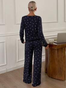 DAZY 3pcs Spring Bow Print Colorblock Lace Patchwork Camisole Top & Robe & Pants Sleepwear Pajama Set, Fall Winter Clothes - Navy Blue - View 2