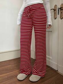 CovetEZ Celana Yoga Pinggang Rendah Bergaris Merah & Putih dengan Tali Serut, Cocok untuk Musim Gugur/Musim Dingin - Red and White - View 6