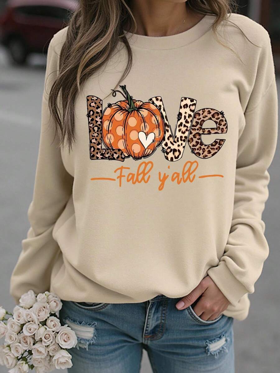 Áo nỉ Halloween cỡ lớn, áo nỉ dài tay in họa tiết cỡ lớn phong cách đường phố, áo kiểu thu đông dễ thương, trang phục mùa thu mang hơi hướng nghỉ dưỡng cho nữ. - Màu be - Xem 1