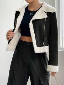SHEIN EZwear Áo khoác lót nhiệt màu đen và trắng thường ngày dành cho nữ, Thu/Đông - màu đen - Xem 3