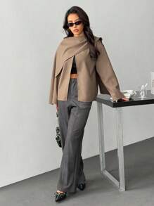 SHEIN PETITE Women's Solid Color Scarf Design Loose Casual Wool Blend Jacket Brown Jacket In Fall/Winter - Khaki - View 6