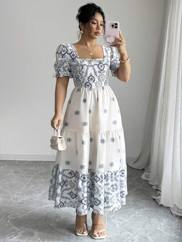 Elenzga Vestido de manga corta con cuello cuadrado y cintura ceñida en estilo línea A con estampado floral, elegante para vacaciones y uso diario en tallas grandes para mujeres