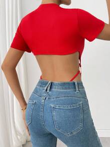 SHEIN LUNE 女士性感短款纯色圆领长袖T恤 - 紅色 - 查看 2