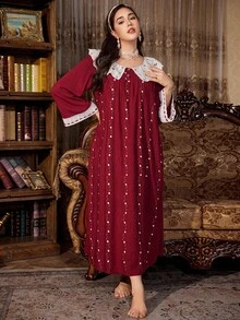 PalaceNights Camisola longa bordada com gola Peter Pan e botões frontais, tamanho grande, Moo Moo, camisola longa de manga comprida para o outono, inverno. - Borgonha - Ver 4