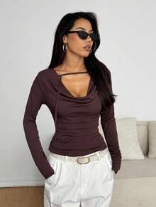 SHEIN EZwear Women's Elegant Night Out Shades Of Brown Solid Cutout Drape Collar Fitted Long Sleeve T-Shirt,Autumn Chocolate Brown Minimalism Goth Tops - Brown - View 3