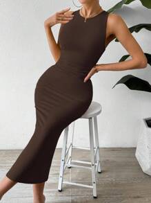 SHEIN PETITE Calvaya Rafferiza Summer Casual Back To School Elegant Sexy Concert Outfit Business Casual Dating Travel Vacation Ruched Waist & Bodycon Slim Fit Sleeveless Dress Round Neck Vest Dress Home Versatile Old Money Style Solid Color Various Color Options Set Maxi Women Outfit Apricot Brown Black Long Dress SummerHoliday Sunny Journey Vacay Vibes Summer Dress
