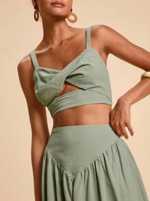 Travachic 2pcs/Set Women's Solid Color Woven Twist Hollow Out Cropped Camisole & Mini Skirt, Vacation Outfit Two Piece Skirt Set ,Green Two Piece Sage, Green Two Piece Set Vacation Outfits Women ,Two Piece Set Autumn ,Fall Clothes For Women,  Bohemia Style