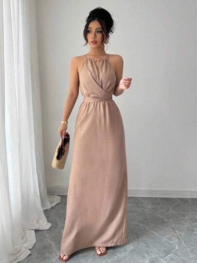 SHEIN PETITE Vestido largo de mujer elegante y casual de tela arrugada color caqui con cuello halter, cintura con cuentas, botones y lazo, para primavera/verano