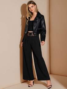 Amorya Quần ống rộng cạp cao phối ren vá thanh lịch dành cho nữ, phù hợp để đi làm hàng ngày và nhiều dịp khác nhau, mùa thu - màu đen - Xem 6