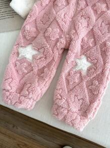 SHEIN 女婴双面羊毛连帽连体衣，可爱休闲装，适合秋冬季日常穿着 - 粉色 - 查看 4