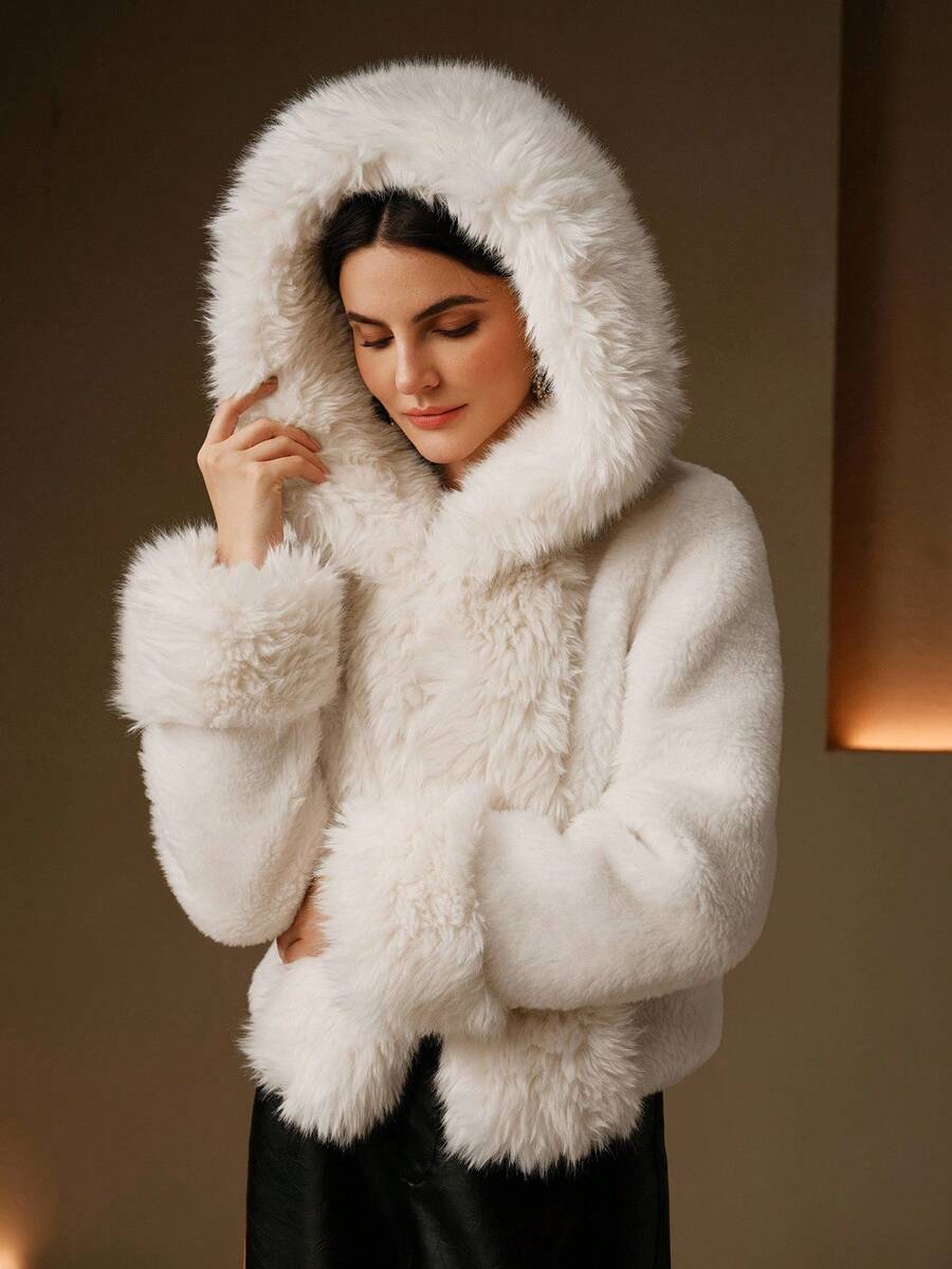 Anewsta 优雅厚实白色短款连帽外套，秋冬 - 白色 - 查看 1