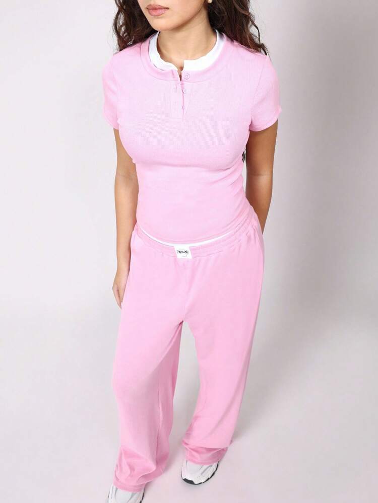 Ribbed Henley Top And Wide Leg Pants Co Ord Set