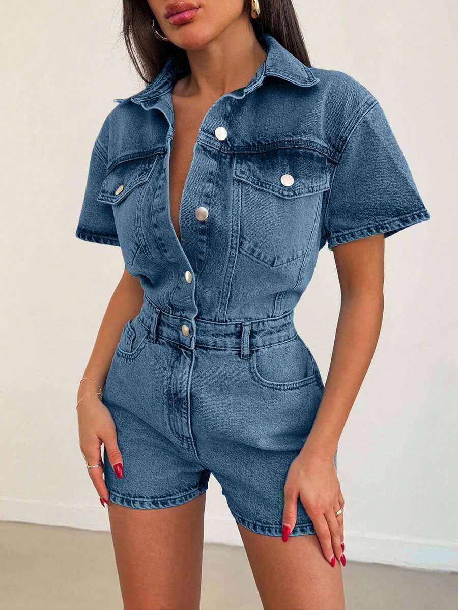 EURMUSE WOMEN BUTTON UP SHORT SLEEVE OVERALL MINI SHORTS - Dusty Blue - View 1