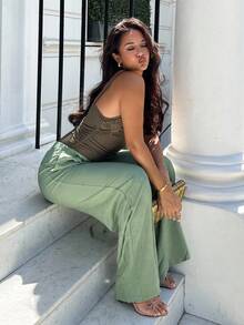 NegzBox Holiday Textured Linen Feel Tie Waist Trousers Vacation Spring Summer Elegant Beachwear Boho Casual Airport - Green - View 5