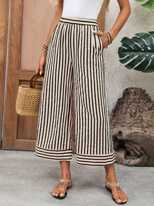 EMERY ROSE Women's Elastic Waist Pockets Striped Wide Leg Casual Pants Striped Wide Leg Pants Boho Pants