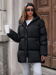 EURMUSE Fashionable Solid Color Hooded Jacket For Winter - Black - View 6