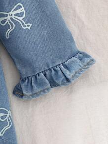 Mädchen/Kleinkinder/Babys modische, süße Schleifenprint Langarm Denim Kleid mit Knopfkragen, weich & bequem, locker geschnitten, geeignet für Outdoor-Tragen im Frühling und Herbst