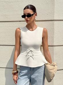 Siren Gaze 女式全新针织无袖蝴蝶结A字短款上衣 - 杏色 - 查看 5