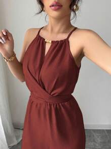 Elenzga 女式优雅休闲卡其色褶皱面料无袖串珠设计系腰长裙，春夏 - 橘色 - 查看 5