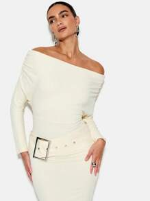 KIZN Long Sleeve Bardot Belted Maxi Gown Evening Formal Wedding Guest Empire Waist Floor Length Dress Winter Fall Special Occasion Sophisticated Elegant - Light Yellow - View 5