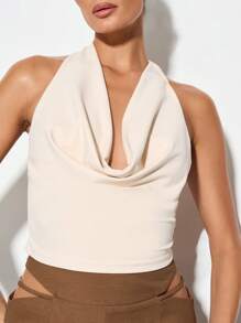 KIZN 露背吊带短款上衣，适合夏季晚宴、派对、夜店等场合，优雅垂褶前襟无袖设计，后背系带细节。 - 杏色 - 查看 5