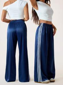 SHEIN Tall Women's Summer Y2K Streetwear Date Night Contrast Color Ribbon Striped Leather Sports Trousers