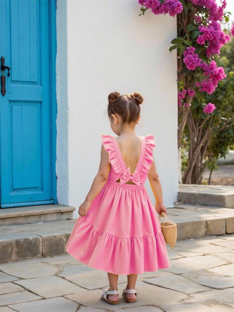 1pc Girls' New Ruffled Hem Solid Color Fashion Dress, Suitable For Party, Daily Wear, Beach, Street Photography, And Any Occasion - Pink - View 1