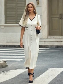 EMERY ROSE 女装新款春夏设计感杏色撞色黑色V领荷叶边袖撞色抽绳腰带A字廓形修身开衩休闲度假高端优雅气质连衣裙