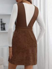 SHEIN LUNE 女式纯色口袋吊带迷你连衣裙 - 棕色 - 查看 2