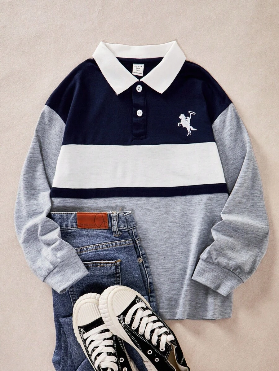 SHEIN Boys' Casual Cartoon Embroidered Polo Shirt, Long Sleeve, Contrast Color Patchwork, New Arrival For Autumn Fall Winter