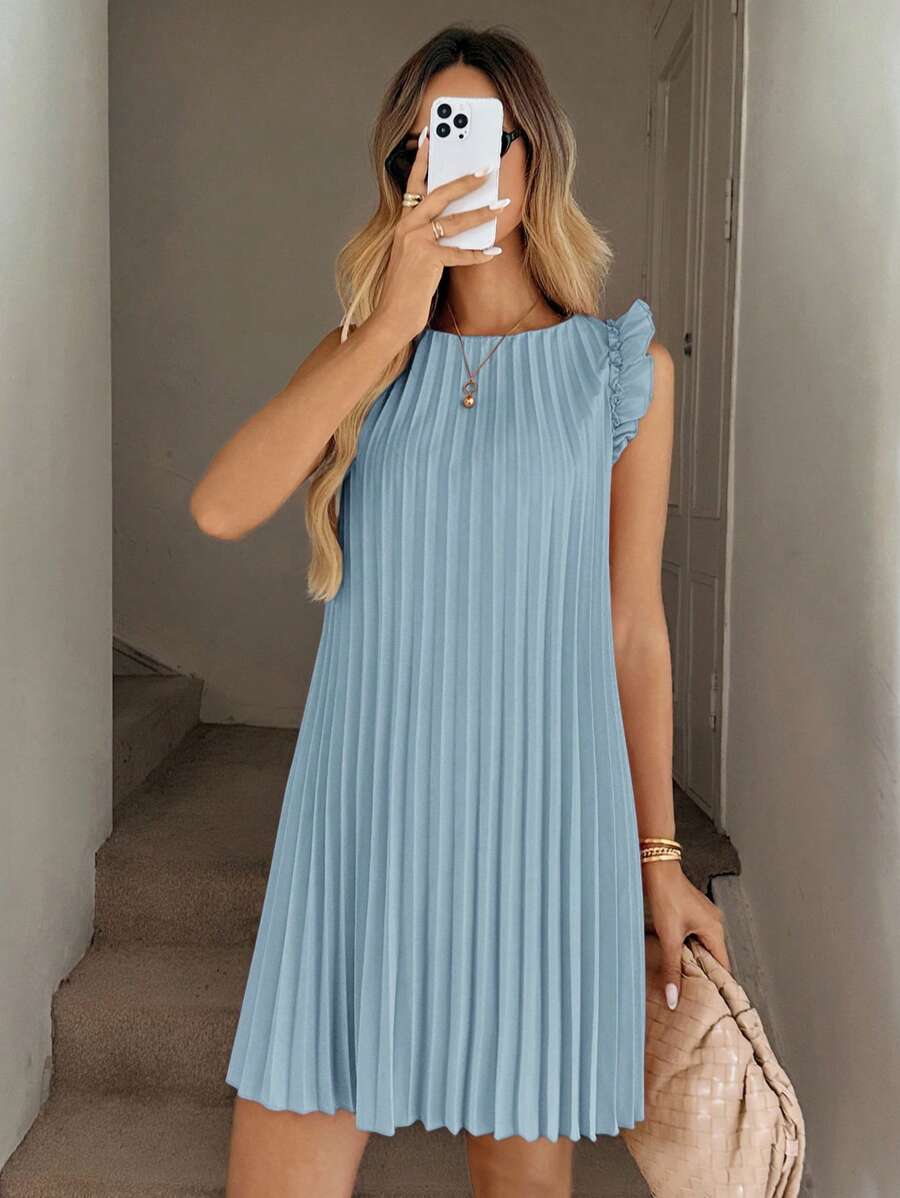 Easowa Vestido mini plisado rosa con mangas acampanadas con volantes, adecuado para vacaciones de verano románticas y atuendo para citas