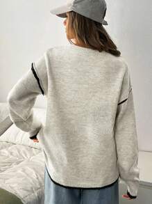 EURMUSE Pull tricoté col rond coupe décontractée avec passepoil contrasté ondulé - Sweater côtelé avoine chiné pour la rentrée scolaire - Beige - Voir 2