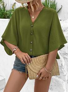 Breezaya Blus Wanita Ukuran Plus Elegan Warna Polos Jacquard Leher V Lengan Raglan Dekorasi Kancing Pantai Resor Musim Semi/Panas 2025 Baru yang Serbaguna - Olive Green - View 6