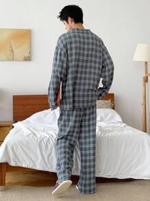 DAZY Plaid Gray Shirt Paired With Pants Men's Loungewear Set, Autumn, Fall Clothes Pajama - Grey - View 2