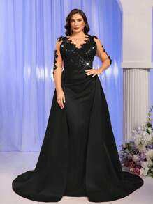 SHEIN Belle 大码优雅撞色网纱贴花长袖V领亮片拼接缎面高腰显瘦美人鱼尾夸张拼接设计，适合晚宴、约会、度假、舞会、婚礼、返校、正式场合（重工装饰），黑色，情人节。 - 黑色 - 查看 6