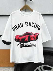 SHEIN Teens Boys' Casual White Summer Streetwear Racing Print Pattern Comfortable Round Neck Short Sleeve T-Shirt,Suitable For School Everyday Sports - White - View 1