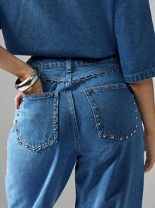 MISSGUIDED Calça jeans de cintura alta com perna reta e detalhes cravejados, calças largas com rebites e bolsos enfeitados, moda festa, boate, noite, peça de moda, calça jeans estética